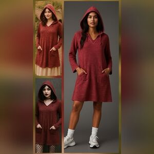 Cozy Cottagecore Hooded Knit Tunic Dress Soft Grunge Burgundy  Boho Minimalis